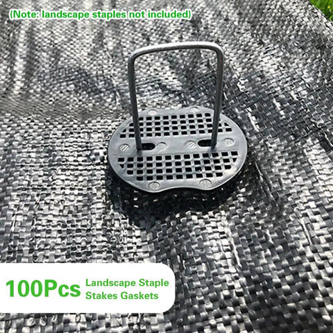 100Pcs Garden Staples Plastic Buffer Washers For Landscape Stakes Gaskets shown on weed barrier fabric in garden setting