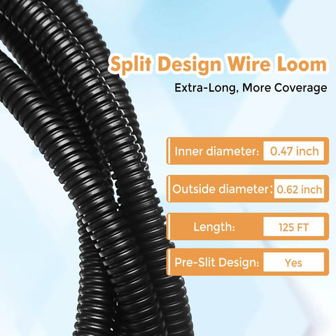 Built Like A Tank Flame Retardant Split Wire Loom In Black Spanning 1/2 Inch By 125 Feet, showcasing split design and dimensions.