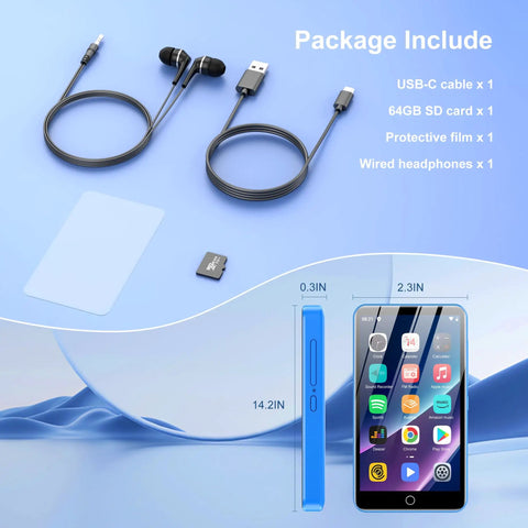 Package contents include accessories for Jam Packed 80GB MP3 Player With Bluetooth And WiFi, 4.0 Inch Screen, Kid Friendly Portable Music Player.