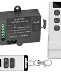 Front view of RF motor control switch module with 12V remote and keychain remote