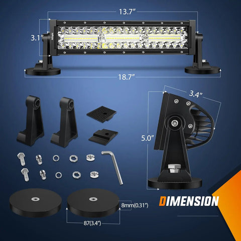 13.5 Inch LED Light Bar Triple Row with Cigarette Lighter Plug and Play Wiring Magnetic Base Spot Flood Combo 96 LEDs