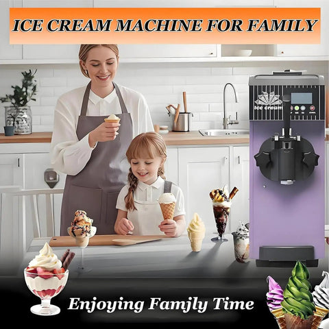 Boss Level Commercial Soft Serve Ice Cream Maker Machine Countertop 450 Watt shown in kitchen with family enjoying ice cream.