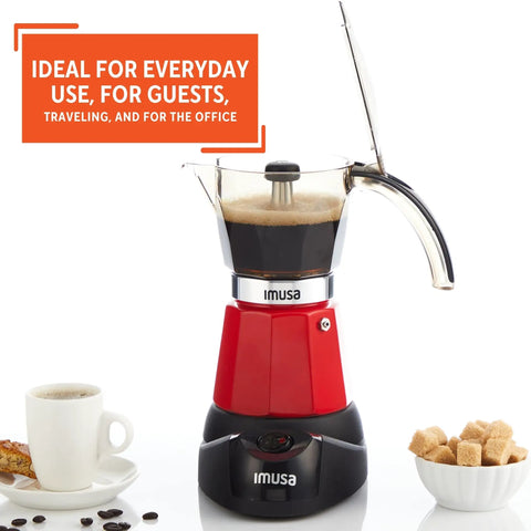 Kickstart Your Day With This Dope Compact Electric Espresso Coffee Maker Featuring A Seriously Cool Touch Handle And Versatile 3 6 Cup Capacity For Quick Perky Shots In Bold Red, with coffee brewing and cup beside.