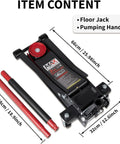 3-ton low-profile hydraulic floor jack, black; dual pistons, includes red and black pump handle rods.