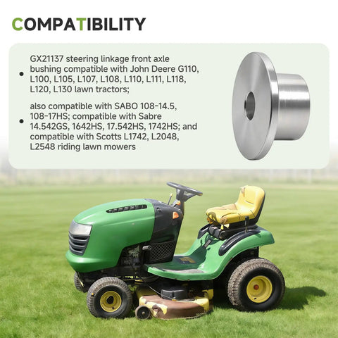 GX21137 Steering Linkage Front Axle Bushing compatible with John Deere lawn tractors, shown for clear installation use.