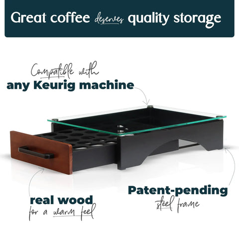 Heavy Duty K Cup Drawer Organizer with real wood, steel frame, and tempered glass shown compatible with Keurig machine