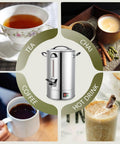 Heavy Duty 24L Stainless Steel Coffee Urn Dispenser Holds 160 Cups Dual Layer Warmer with images of tea, coffee, chai, and hot drinks