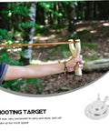 Person using slingshot in forest, inset shows Six Piece Stainless Steel Gong Shooting Targets For Practice And Training