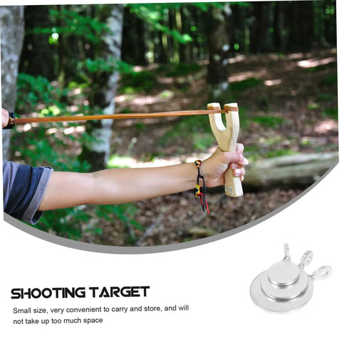 Person using slingshot in forest, inset shows Six Piece Stainless Steel Gong Shooting Targets For Practice And Training