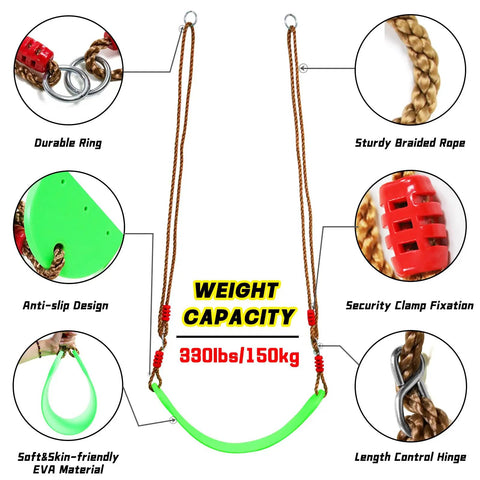 Two Pack Multicolor Rope Swing Set With Red Disc Seats And Platform Swing features sturdy braided rope and EVA seats.