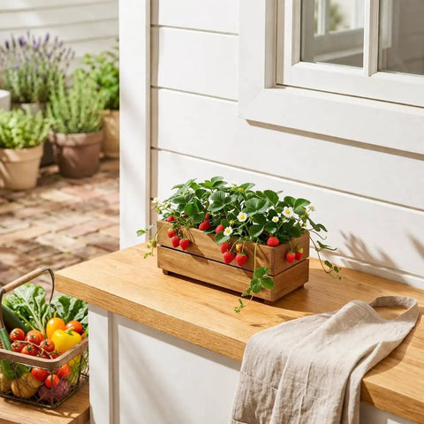 Premium Acacia Wood Planter Box With Crate Style Design Built To Last on windowsill with strawberries; 17 inch, golden walnut color