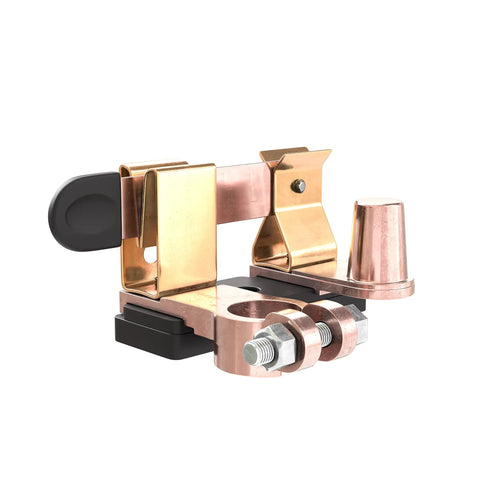 Beefy Top Post Battery Knife Disconnect Switch Isolator For Cars Boats Trucks Marine RVs ATV Camper 12V DC 200 Amp Blade Switch On Off Power Cutoff With Negative Post, brass material, side view.