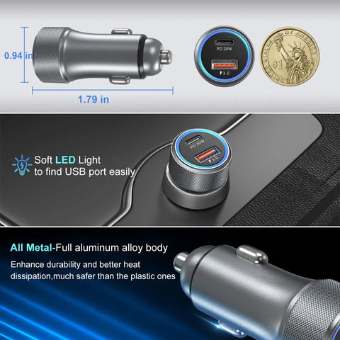 Dual Port USB C Car Charger 36W Hella Fast Charging Plug N Play Cigarette Lighter Adapter With PD QC 3.0 Power Delivery For iPhone 15 14 13 Samsung Galaxy S24 S21 iPad Pixel showcasing soft LED light and durable aluminum body.