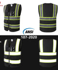 Heavy Duty High Viz Reflective Safety Vest For Men And Women Featuring All Day Comfy Breathable Mesh Top Shelf Construction Work Gear For Day And Night Visibility, showing front and back views with reflective stripes.