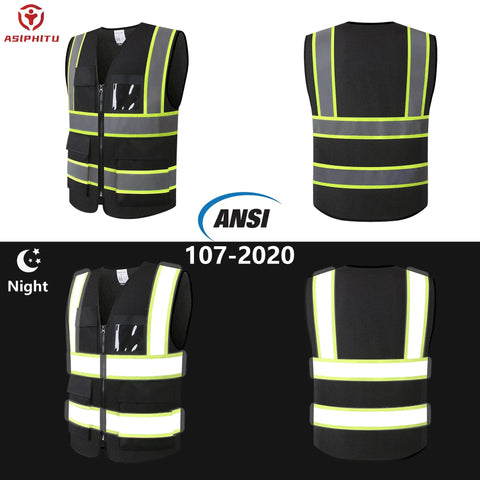 Heavy Duty High Viz Reflective Safety Vest For Men And Women Featuring All Day Comfy Breathable Mesh Top Shelf Construction Work Gear For Day And Night Visibility, showing front and back views with reflective stripes.