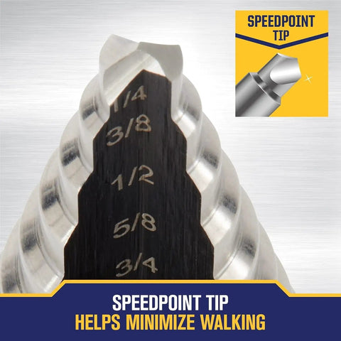 High Speed Steel Fractional Self-Starting Step Drill Bit For Metal, 12-Size Range From 1/4 To 1-3/8 Inch By 1/8 Inch, SpeedPoint Tip Prevents Walking, Delivers Clean, Smooth Holes, 1/2 Inch Hex Shank