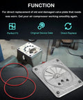 Valve Plate Assembly Kit For Oilless Air Compressors Fits Craftsman Dewalt Porter Cable DeVilbiss Black And Decker Replacement DAC 280 AC0032 889119 Valve Plate, with two O-ring gaskets, shown on compressor base for perfect fit and direct replace.