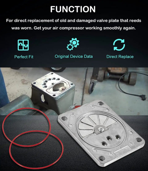 Valve Plate Assembly Kit For Oilless Air Compressors Fits Craftsman Dewalt Porter Cable DeVilbiss Black And Decker Replacement DAC 280 AC0032 889119 Valve Plate, with two O-ring gaskets, shown on compressor base for perfect fit and direct replace.