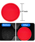 Red round protective silicone car cup holder insert measuring 2.77 inches, with before and after cleaning effect images.
