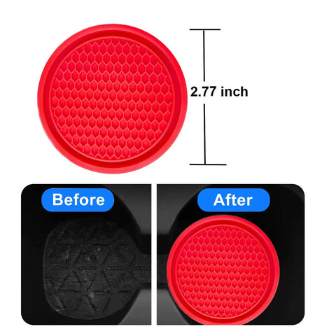 Red round protective silicone car cup holder insert measuring 2.77 inches, with before and after cleaning effect images.