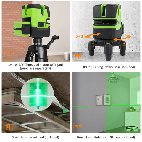 NT411G Multi Line Laser Level with green beam on tripod, blueprints, and included accessories for framing and layout work