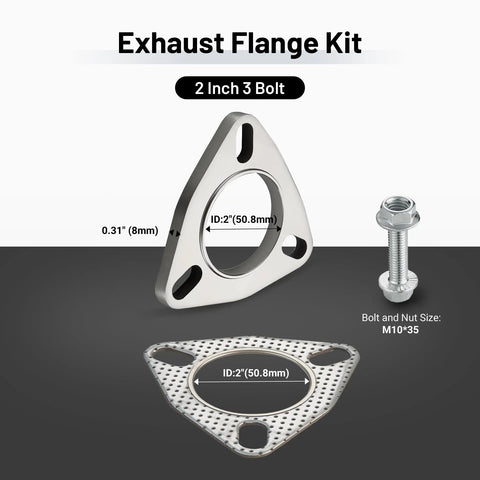 2 Inch 3 Bolt Exhaust Flange Upgrade Kit Crafted From Premium 304 Stainless Steel with gasket and hardware details.