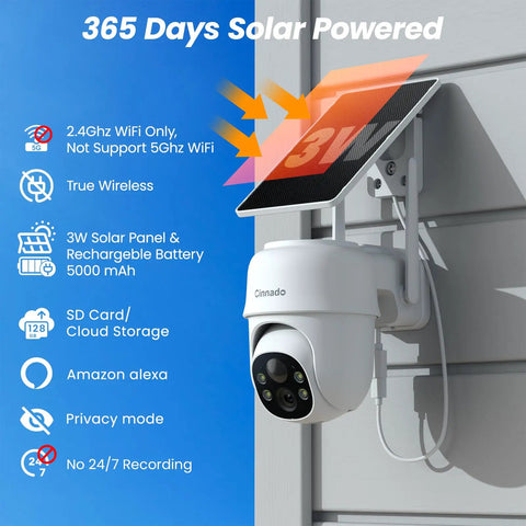 2K Wireless Outdoor Security Camera System With Solar Panel And Battery Power, 360 Degree Pan, mounted with solar panel