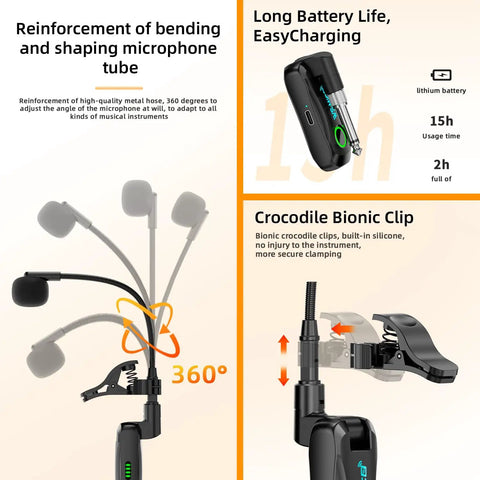 Two Point Four G Wireless Clip On Saxophone And Brass Instrument Microphone System features 360-degree gooseneck and bionic clip.