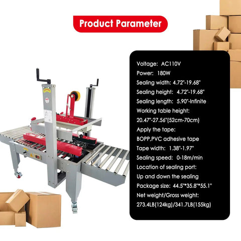 Heavy Duty Full Automatic Double Flap Case Sealer Machine For Fast Box Taping And Smooth Warehouse Packing Adjustable Size Fits Most Carton Sizes Uses Standard Adhesive Tape Reliable 110 Volt Plug And Play Design on conveyor with adjustable settings.
