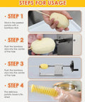 CGOLDENWALL 3-in-1 manual tornado potato slicer, four-step infographic showing bamboo-stick prep, center-hole feed, spiral cutter.