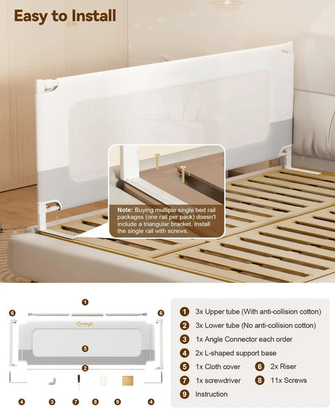 3 Piece King Size Bed Rails No Drill Setup Toddler Guard for Kids Height Adjustable Thickened Carbon Steel Bed Rails White and Grey