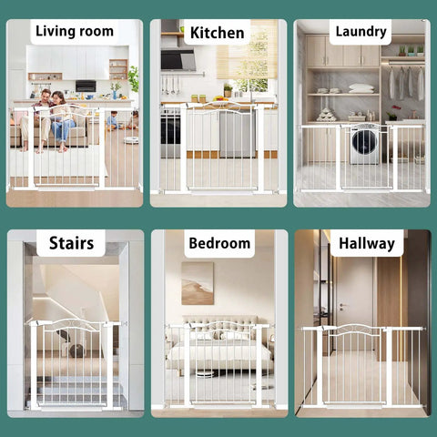Collage of Extra Wide Press Mounted Baby Gate For Indoor Openings 65 To 68 Inches Walk Through No Drill Easy Install For Kids And Pets showing use in living room, kitchen, laundry, stairs, bedroom, and hallway.