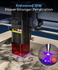 Front view of Creality laser engraver machine, desktop 10W laser with black housing and red acrylic base.