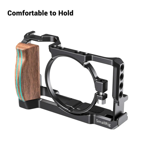 Vlog Camera Cage For Sony RX100 VI And RX100 VII With Removable Wooden Side Grip shows metal frame, accessory mounts, and comfortable grip.