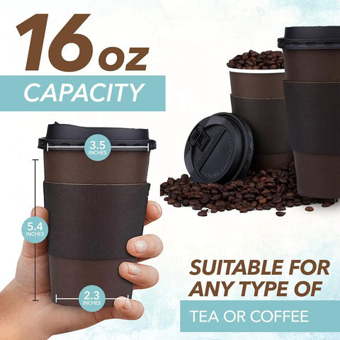 16 Oz Disposable Coffee Cups With Lids And Sleeves Pack Of 100 shown with size measurements and coffee beans