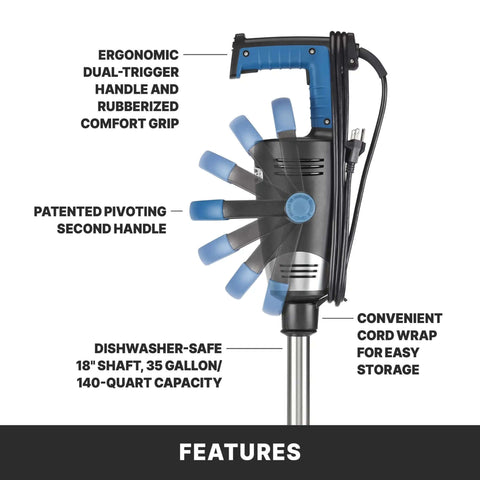 Top Shelf Commercial Immersion Blender With 18 Inch Stainless Steel Shaft And Variable Speed Motor features ergonomic grip and pivoting handle.