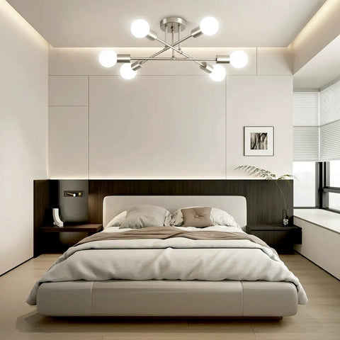 Dope Modern Sputnik Chandelier Ceiling Light Fixture With Six Lights installed in a bedroom, nickel finish, adjustable arms.