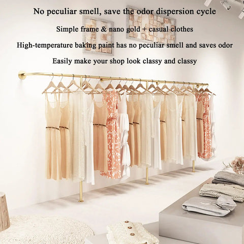 Top Tier Wall Mounted Garment Rack With Built In Shelves And Brushed Gold Finish Straight Ready For Any Boutique Or Master Closet Heavy Duty Metal Clothes Rail That Actually Holds Your Threads