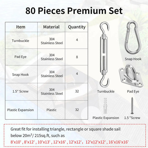 Components of 6 Inch Stainless Steel Shade Sail Hardware Kit For Rectangle And Triangle Installations displayed