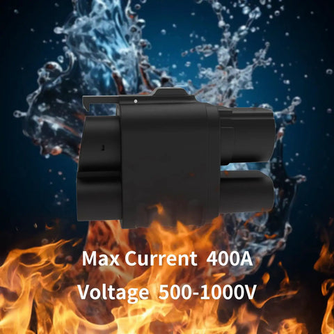 CCS2 To CCS1 EV Charger Adapter With DC And AC Dual Modes Bringing Hella Fast Charging Up To 1000V And 400A with black design and water-flame backdrop.