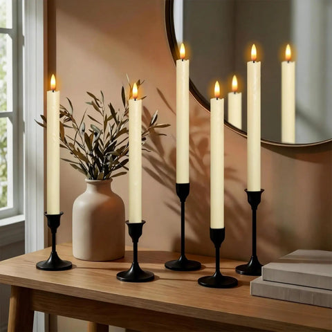 Ivory Flameless Taper Candles With Timer 6 Pack Battery Operated LED Flickering 3D Flame Real Wax Candles on wooden table