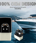 12V Hydraulic Power Unit Replacement For Trim Tab Pumps With Dual Solenoid Valves Marine Grade HPU For Yacht Boats plug and play ready OEM fitment durable boat tab system upgrade shown beside a yacht.