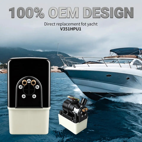12V Hydraulic Power Unit Replacement For Trim Tab Pumps With Dual Solenoid Valves Marine Grade HPU For Yacht Boats plug and play ready OEM fitment durable boat tab system upgrade shown beside a yacht.