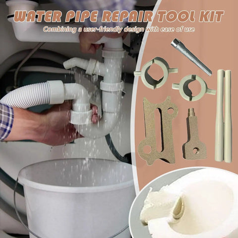 Quick Fix Pipe Repair Kit For Sprinkler Systems Garden Plumbing And Marine Vessels Multi Size Compatibility Leak Stopper Set Hydraulic Conduit Patch Reinforced Steel Repair Patch For Fast Worry Free Repairs installed under a sink showing pipes and kit components for repair.