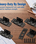 Heavy Duty Stainless Steel Furniture Joint Brackets Set For Quick Fitting Right Angle Corner Braces Rock Solid For Cabinets Drawers Tables And Chairs Black Finish 1.25x1.33x0.66 In 10 15 20 30 Pack on table with screws