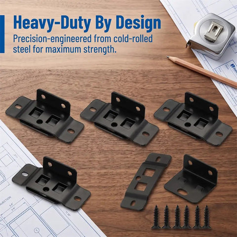 Heavy Duty Stainless Steel Furniture Joint Brackets Set For Quick Fitting Right Angle Corner Braces Rock Solid For Cabinets Drawers Tables And Chairs Black Finish 1.25x1.33x0.66 In 10 15 20 30 Pack on table with screws