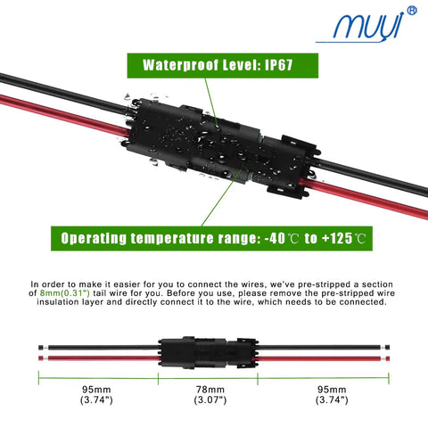 Heavy Duty 14AWG Waterproof Weather Pack Wire Harness Connector Kit With 3 Sets Of 2 Pin Connectors Pre Crimped 10cm Tinned Copper Leads PA66 Nylon Housing 0.24 Inch Hole Operating From Minus 40C To 125C, IP67 connector with 95mm and 78mm wire lengths