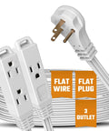 White Flat Angled Extension Cord With Three Outlets For Indoor Use Ten Plus Feet Long 3 Prong Power Cable That Saves Space