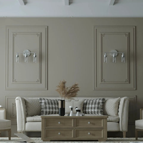 Modern living room with beige walls featuring Modern 3-Light Vanity Fixture With Clear Ribbed Glass Shades In Nickel Finish For Bathroom