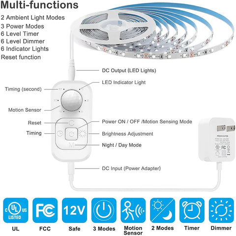 Motion Sensor Under Cabinet LED Strip Lights Plug In Sixteen Point Four Feet 6000K Cool White With UL FCC Approved Adapter Dimmer And Timer control panel shown